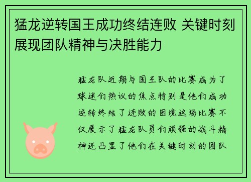 猛龙逆转国王成功终结连败 关键时刻展现团队精神与决胜能力