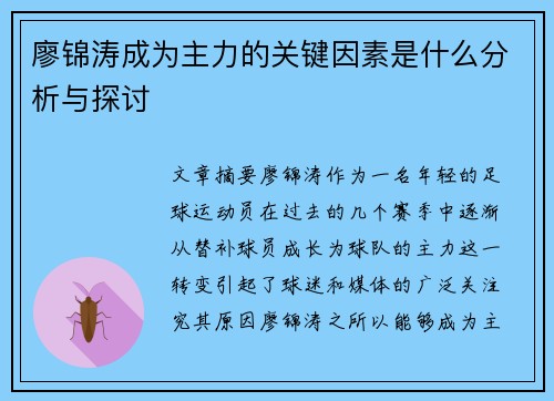 廖锦涛成为主力的关键因素是什么分析与探讨
